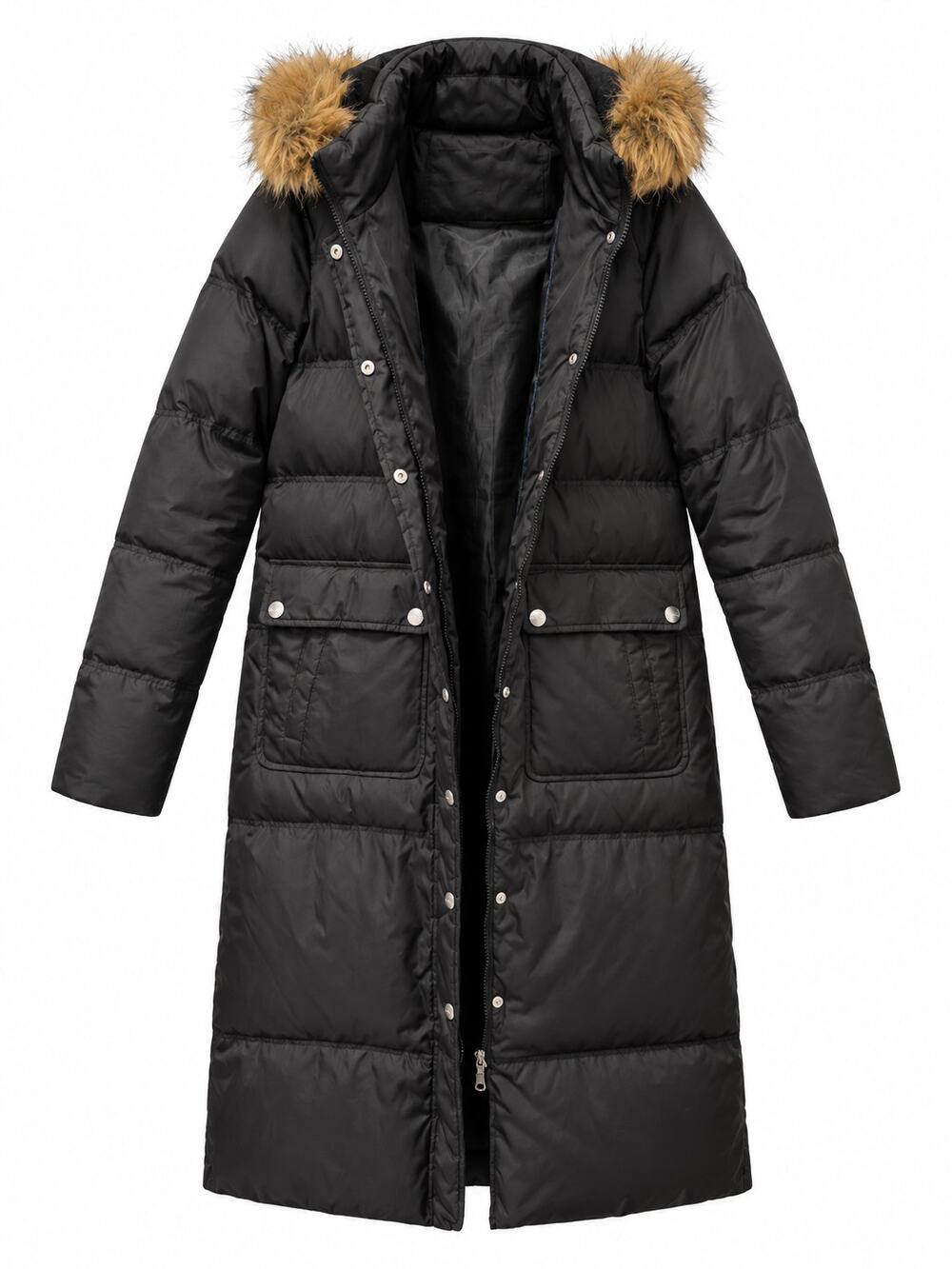 DKNY Long Black Puffer Coat Size M Faux Fur Trim Hood Quilted Winter Parka